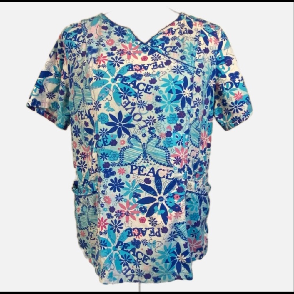 Peaches Uniforms Blue Peace Love Butterflies Flowers Hippie Medical Nurse Tech‎